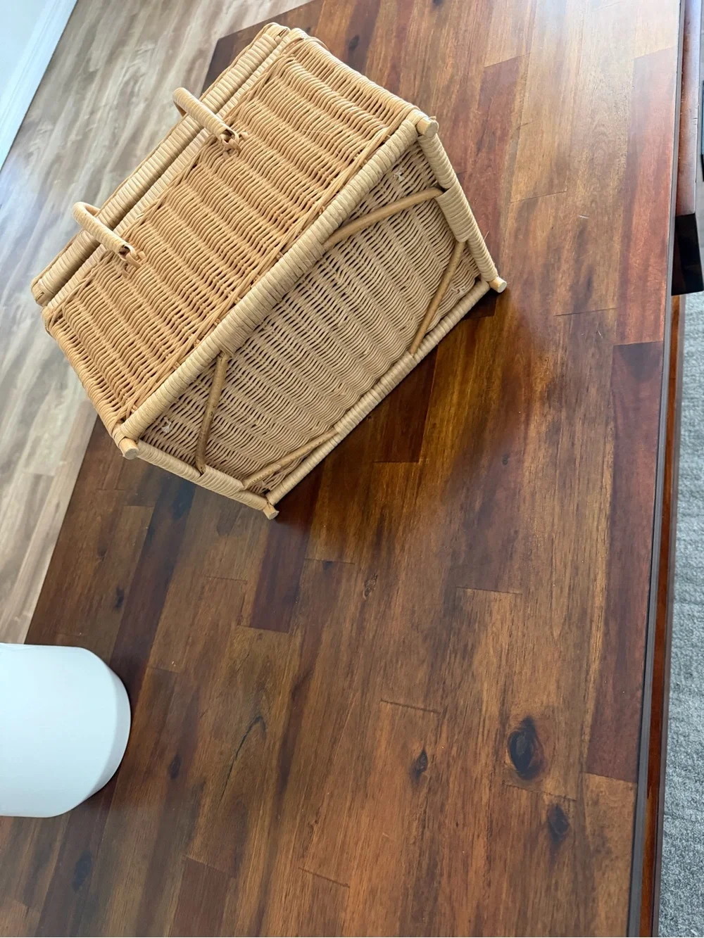 Vintage Woven Rattan Picnic Basket Red Gingham Split Lid Cottagecore BoHo